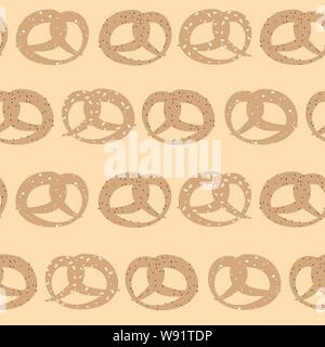 Vector seamless pattern of pretzels with sesame, salt and poppy seeds on pastel yellow background Stock Vector