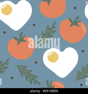 Vector seamless pattern of heart shaped scrambled eggs, tomatoes, arugula and pepper on blue background Stock Vector