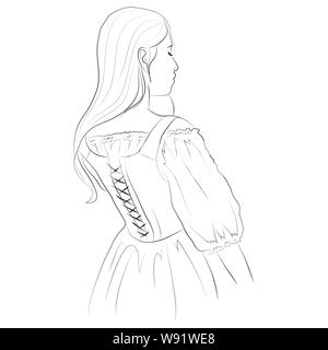 Vector illustration of a young girl standing back in a corset with flowing hair Stock Vector