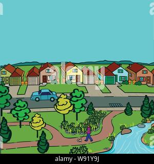 Rural street suburb with row houses & a park with trees in front with someone walking a dog & a stream or river flows to the foreground Stock Vector
