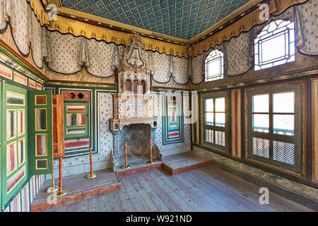 Decorated room in the restored ottoman house known as Cakiraga Mansion, in Birgi, Turkey. Stock Photo