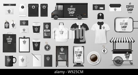 Branding corporate identity set for coffee shop, cafe or restaurant. Coffee mockup design. Realistic set of cardboard, Food delivery truck, cup, pack Stock Vector