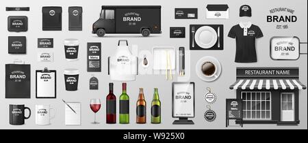 Restaurant Corporate Branding identity template. Realistic MockUp design for Coffee, Cafe, Fast food, set of uniform, delivery truck, envelope, cup Stock Vector