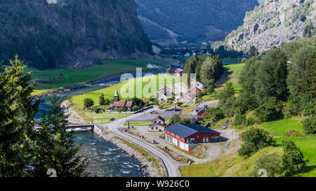 View on little village from the most beautiful train journey Flamsbana between Flam and Myrdal in Aurland in Western Norway Stock Photo