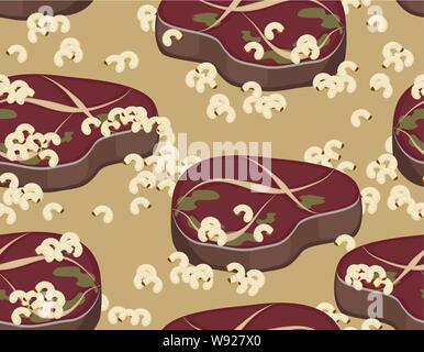 Rotten meat and worms pattern seamless. Meat and maggot background. vector texture Stock Vector