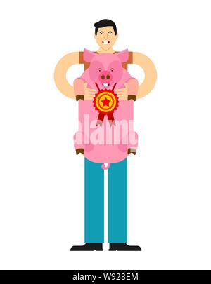 Pig winner. Man holds pig in his arms Stock Vector