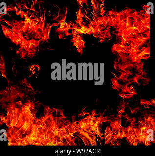 Fire flames on Abstract art black background, Burning red hot sparks rise, Fiery orange glowing flying particles Stock Photo