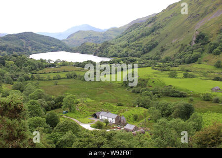 Nant Gwynant Pass with Llyn Gwynant in Distance, Snowdonia National Park, Wales Stock Photo