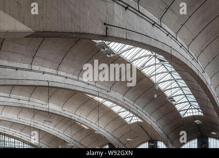 Stockwell Bus Garage opening in 1952 was then Europe's largest unsupported roof span. The garage provides unobstructed parking space for 200 buses. Stock Photo