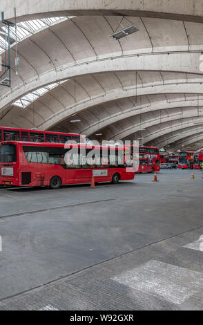 Stockwell Bus Garage opening in 1952 was then Europe's largest unsupported roof span. The garage provides unobstructed parking space for 200 buses. Stock Photo