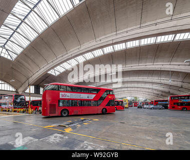 Stockwell Bus Garage opening in 1952 was then Europe's largest unsupported roof span. The garage provides unobstructed parking space for 200 buses. Stock Photo