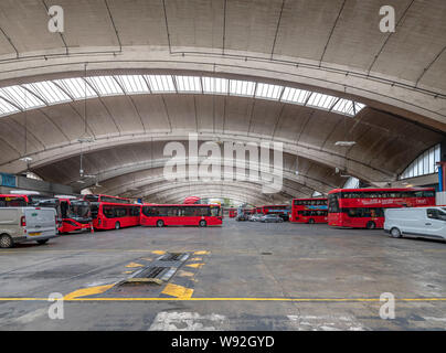 Stockwell Bus Garage opening in 1952 was then Europe's largest unsupported roof span. The garage provides unobstructed parking space for 200 buses. Stock Photo