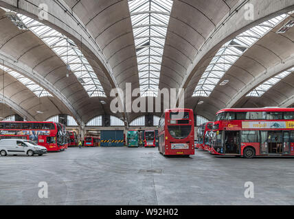 Stockwell Bus Garage opening in 1952 was then Europe's largest unsupported roof span. The garage provides unobstructed parking space for 200 buses. Stock Photo