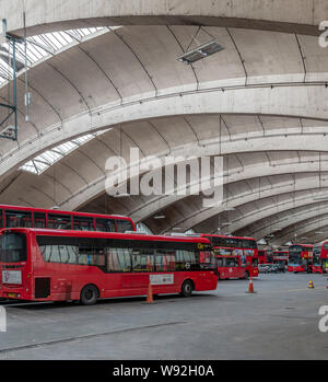 Stockwell Bus Garage opening in 1952 was then Europe's largest unsupported roof span. The garage provides unobstructed parking space for 200 buses. Stock Photo