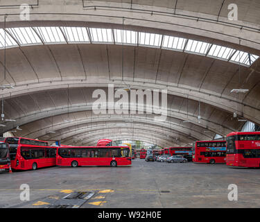 Stockwell Bus Garage opening in 1952 was then Europe's largest unsupported roof span. The garage provides unobstructed parking space for 200 buses. Stock Photo