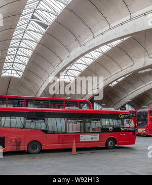 Stockwell Bus Garage opening in 1952 was then Europe's largest unsupported roof span. The garage provides unobstructed parking space for 200 buses. Stock Photo