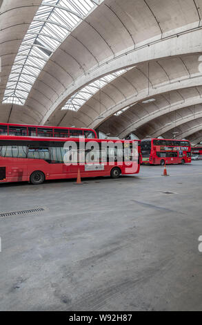 Stockwell Bus Garage opening in 1952 was then Europe's largest unsupported roof span. The garage provides unobstructed parking space for 200 buses. Stock Photo