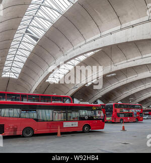 Stockwell Bus Garage opening in 1952 was then Europe's largest unsupported roof span. The garage provides unobstructed parking space for 200 buses. Stock Photo