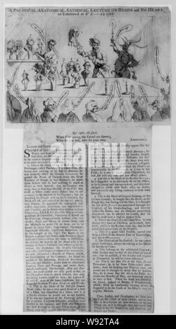 A  political, anatomical, satirical, lecture on heads and no heads as exhibited at St. J--ms's 1766 Abstract: Print shows the Earl of Bute holding up a bust of William Pitt as the starting point of his lecture on Heads and No Heads on a table before him and on a shelf to the left are several busts identified by number with corresponding descriptions in the printed caption. A woman assistant, on the left, says I hand them in and the devil, on the right holding a burning candle in one hand and a candlesnuffer in the other, says I hand them off, two extinguished candles sit on the table. Nine men Stock Photo