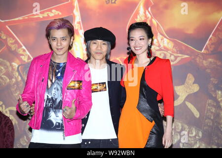 (From left) Hong Kong actor and singer Show Lo, actor and director Stephen Chow, actress Shu Qi pose during the press conference of their new movie, O Stock Photo