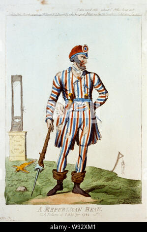 A  republican beau - a picture of Paris for 1794 Abstract: Print shows a man, a sansculotte, in ragged red, white, and blue stripe clothing, he holds a spiked club in one hand, wears pistols in his belt on which is written War Eternal War and he has a dead infant stuffed into a pocket. In the near background is a guillotine replacing the crucifix, which lies on the ground, on an altar labeled This is our God and in the distance several bodies hang from a gibbet. Stock Photo