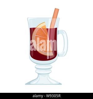 Red mulled wine in a Cup with orange slices and spices. Winter alcoholic drink. Vector illustration. Stock Vector