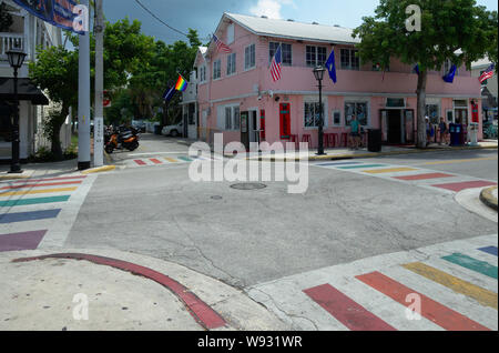 Rainbow cross roads on Duval Street, Key West, Florida. Stock Photo