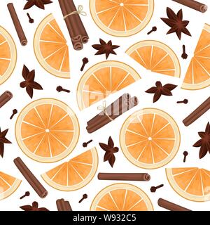 Vector seamless pattern with orange slices, cinnamon sticks, star anise, and cloves. Stock Vector