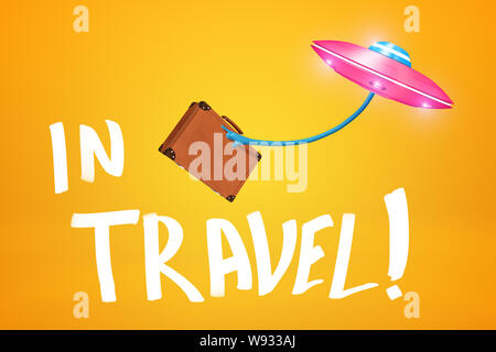 3d rendering of pink metal UFO carrying brown retro suitcase with In Travel sign on yellow background Stock Photo