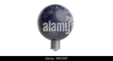 Earth hour, World environment day concept. Light bulb erath globe isolated cutout against white background. 3d illustration, Stock Photo