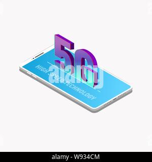 Isometric mobile phone and 5G network. Fast and new fifth network technology banner. 3D isometric modern mobile phone. Smartphone with 3D letters insi Stock Vector