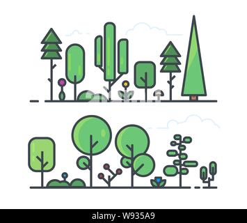 Forest and garden tree. Collection of trees in the woods. Line style set of forest vegetation landscape. Trees, grass, bushes and flowers. Background Stock Vector