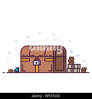 Closed chest with treasures. Golden coins, money, diamonds near chest. Flat style line modern vector illustration with retro colors. Template for bann Stock Vector