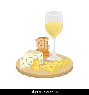 A glass of white wine, cheese platter on a wooden Board with crackers. Maasdam, Gouda, Roquefort. Vector illustration. Stock Vector