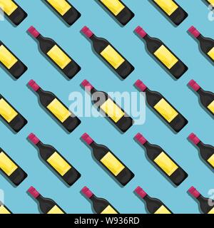 Seamless pattern with red wine bottles with shadows on a blue background. Flat vector illustration. Stock Vector