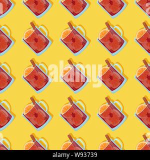 Vector seamless pattern with red mulled wine in a glass pot with orange slices, cinnamon, cloves and a bucket. Yellow background. Stock Vector