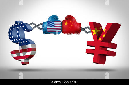 Yuan dollar currency fight with China United States banking and money war as a Chinese monetary symbol in conflict with the American economic icon as Stock Photo