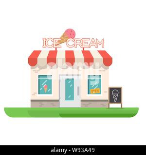 Ice cream store building. Store building near park and city. Restaurant with ice cream. Flat vector illustration. Trendy retro color style. Stock Vector