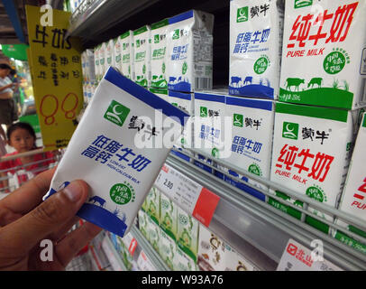 --FILE--A Chinese customer shops for Mengniu milk at a supermarket in Yichang city, central Chinas Hubei province, 18 August 2012.   China Mengniu Dai Stock Photo