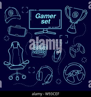 eSports set, Gaming gadgets, line set icon. Modern devices for video games, headset for virtual reality, equipment for gamers, joysticks, keypad. on deep blue background. Stock Vector