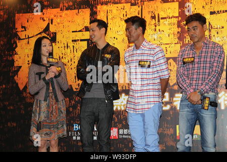 (From left) Chinese actress Zhou Xun, Hong Kong actor Daniel Wu,  Hong Kong actor Louis Koo and Hong Kong actor Sean Lau attend a press conference for Stock Photo