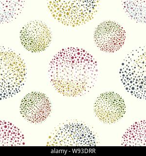 Abstract spatter paint effect circles in blue, orange, gold and green. Seamless vector pattern on cream background. Great for autumn, travel products Stock Vector