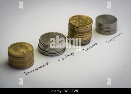 Piles of indian coins stacked on each other close up shot. Concept for saving money for finance accounting, earning, funding, growing business. Stock Photo