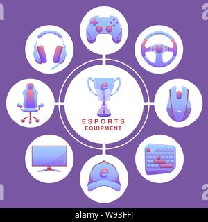 Color Esports icons set. Game tournament. Vector gaming devices in purple color. Infographic cybersport illustration. Outfit eSportsman to achieve the Champions Cup. Stock Vector