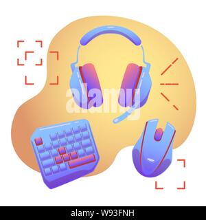 E-sports elements illustration with keyboard, mouse and headphones on isolated background. Computer game equipment in vector. Stock Vector