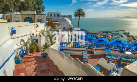 Sidi Bou Said beautiful panoramic view on seaside and cafe terrace. Tunisia. Stock Photo