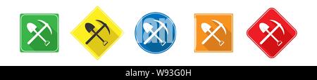 Spade icon and pickaxe icon on colored circle and square, long shadow Stock Vector
