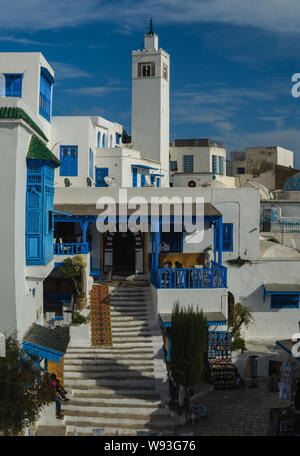 Beautiful view of Sidi Bou Said, white and blue touristic village in Tunisia. Stock Photo