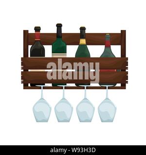 Wooden wine shelf with glass holders. Wine cellar. Flat vector illustration. Stock Vector