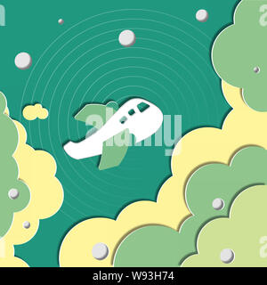 papar cut plane fly in the sky with cloud and radar signal Stock Photo